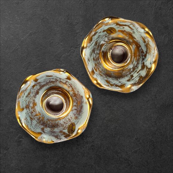 Vintage Stangl 22K Gold Candle Holders #5069 Seafoam Ruffled Mid-Century Pair - Picture 3 of 11